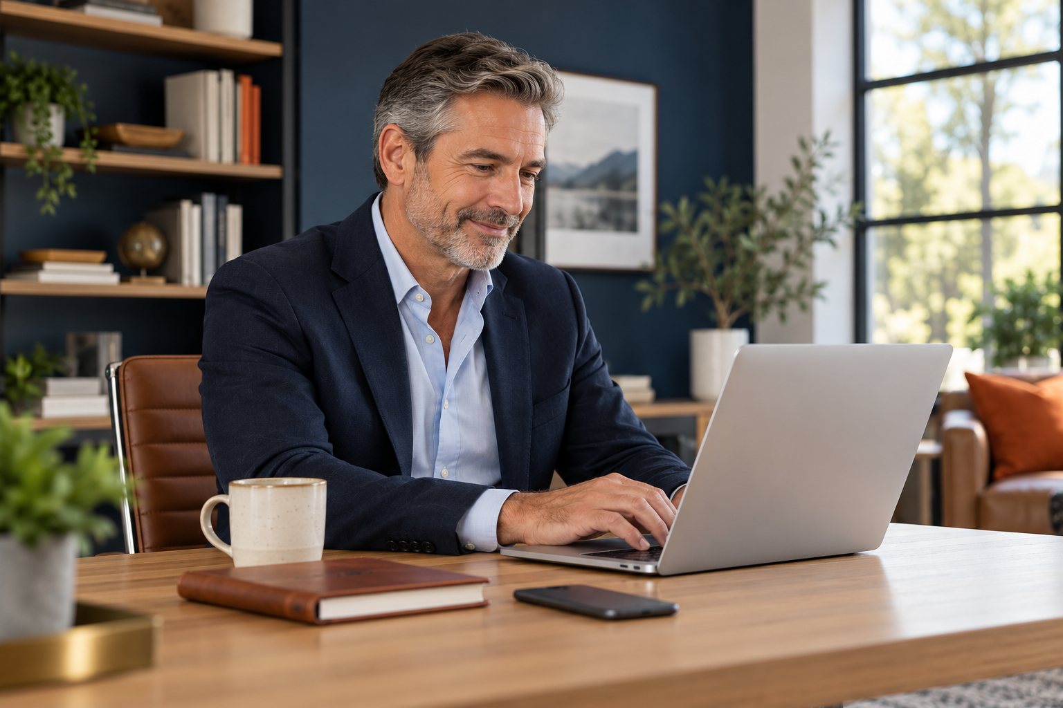 Franchise consultant working at his home office desk